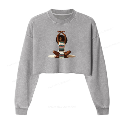 Pagewings Black Girl Reading Washed Crop Sweatshirt