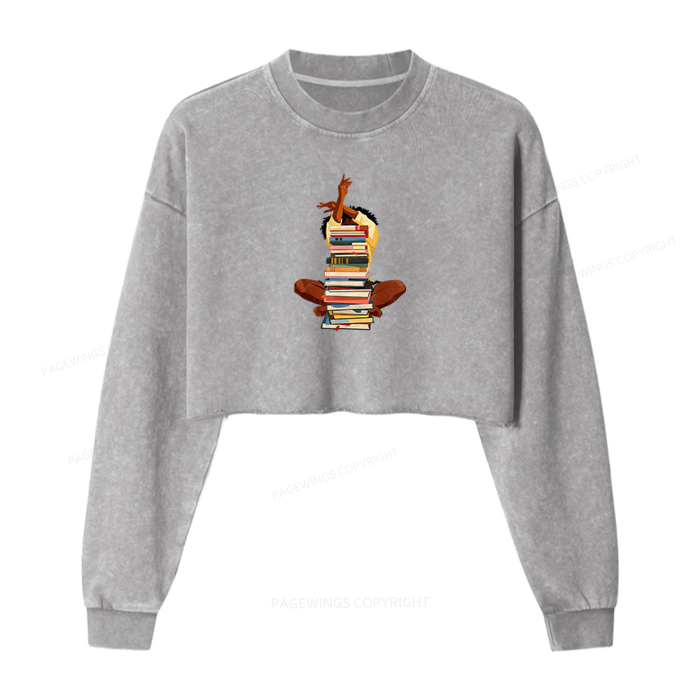 Pagewings Black Woman Reading Washed Crop Sweatshirt