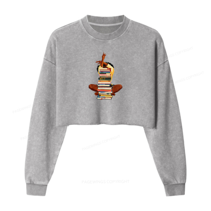 Pagewings Black Woman Reading Washed Crop Sweatshirt