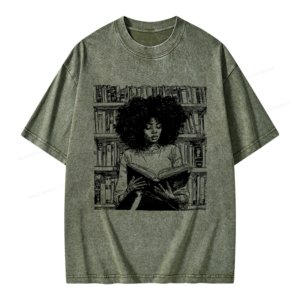 Pagewings Black Girl Reading Unisex Washed T-shirt
