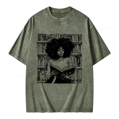 Pagewings Black Girl Reading Unisex Washed T-shirt