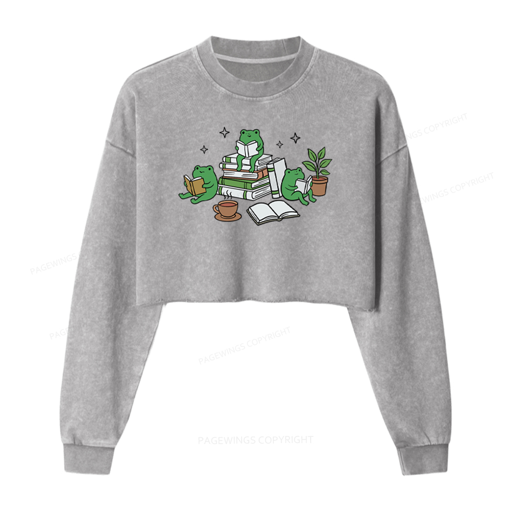Pagewings Frogs And Books Washed Crop Sweatshirt