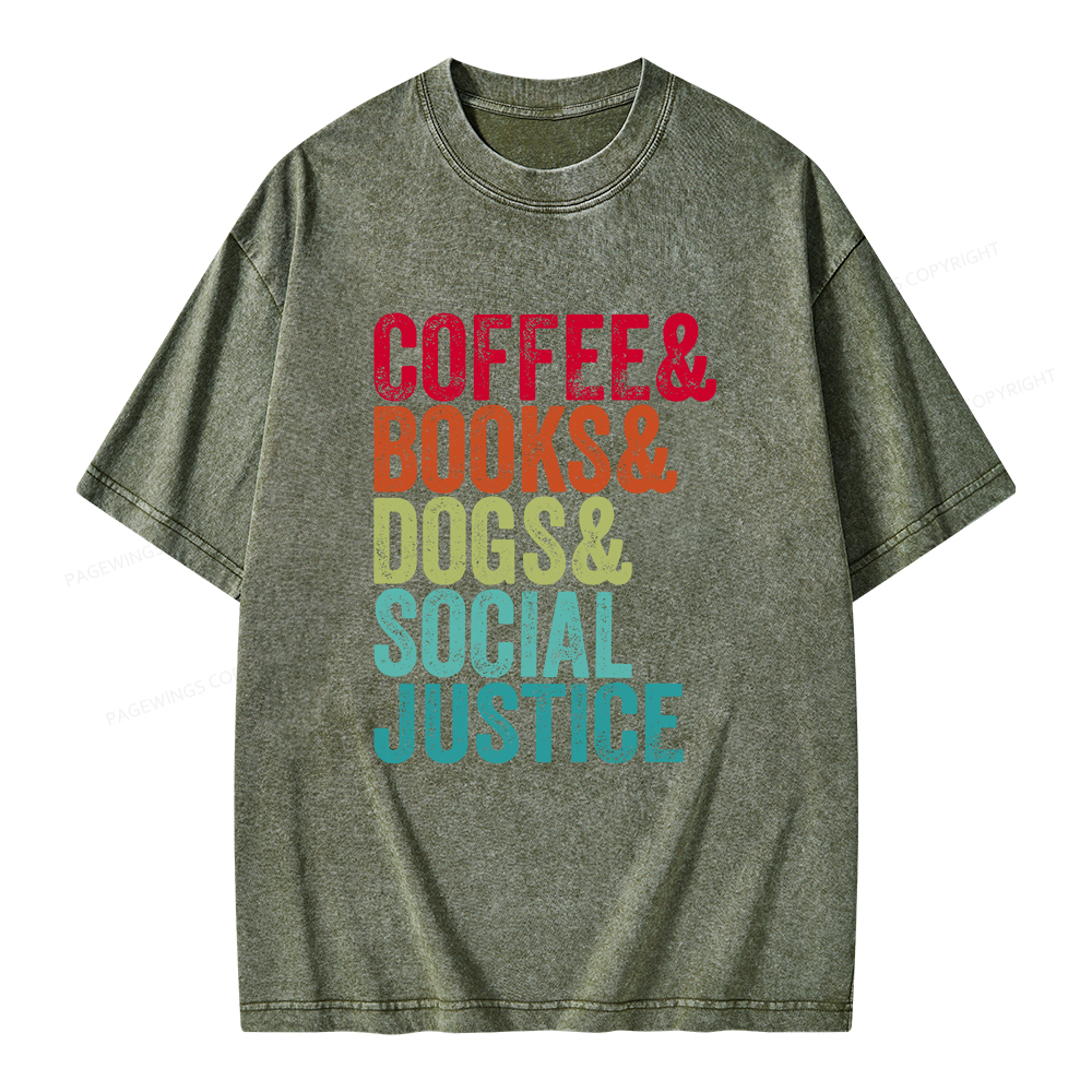 Pagewings Books Coffee Dogs Social Justice Unisex Washed T-shirt