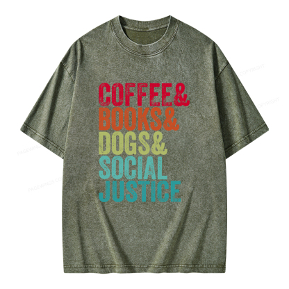 Pagewings Books Coffee Dogs Social Justice Unisex Washed T-shirt