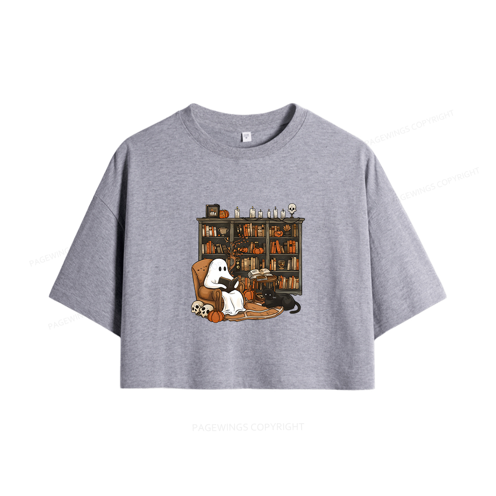 Pagewings Halloween Ghost Reading Books Women Crop Tops