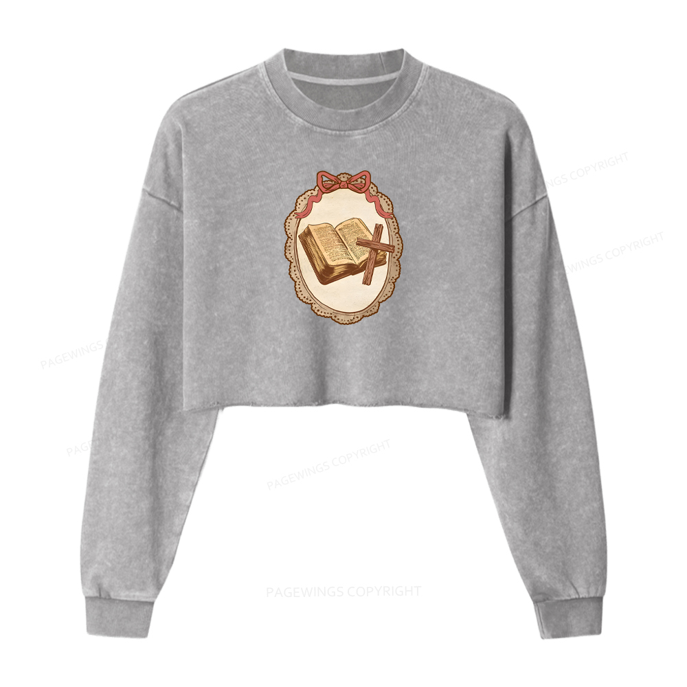 Pagewings Vintage Thrifted Christian Cross Washed Crop Sweatshirt