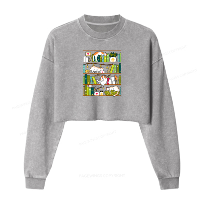 Pagewings Library Cats Washed Crop Sweatshirt