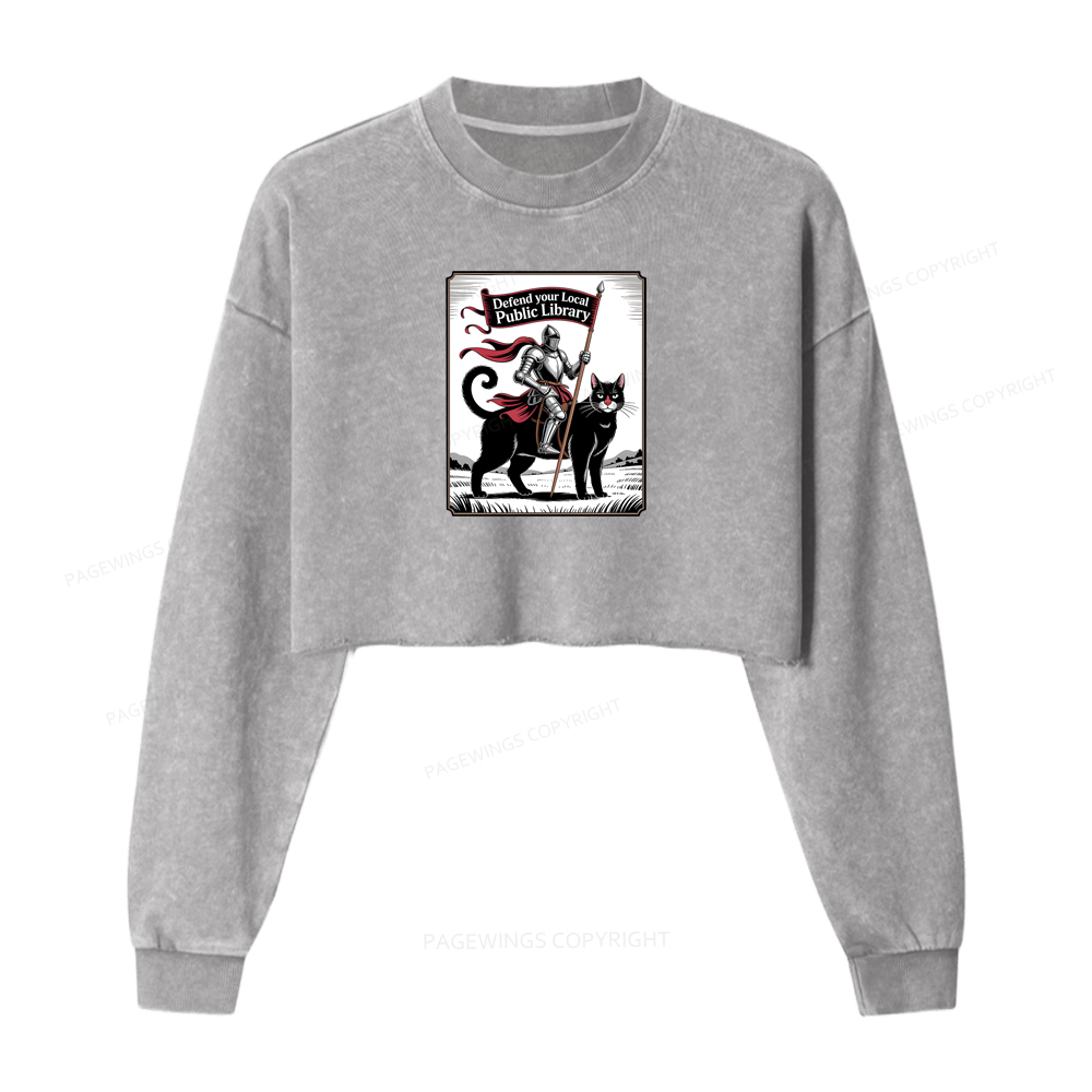 Pagewings Defend Your Local Public Library Funny Knight Cat Washed Crop Sweatshirt