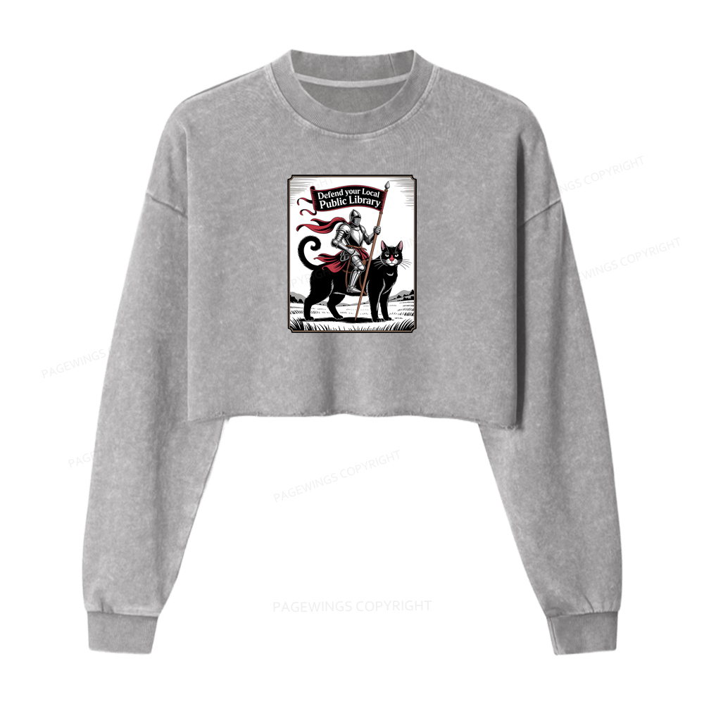 Pagewings Defend Your Local Public Library Funny Knight Cat Washed Crop Sweatshirt