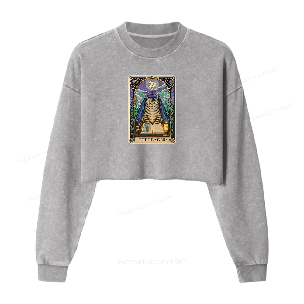 Pagewings The Reader Cat Tarot Cards Washed Crop Sweatshirt