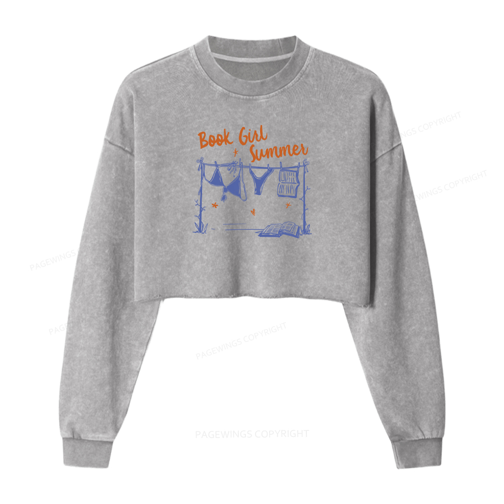 Pagewings Book Girl Summer Bookish Washed Crop Sweatshirt