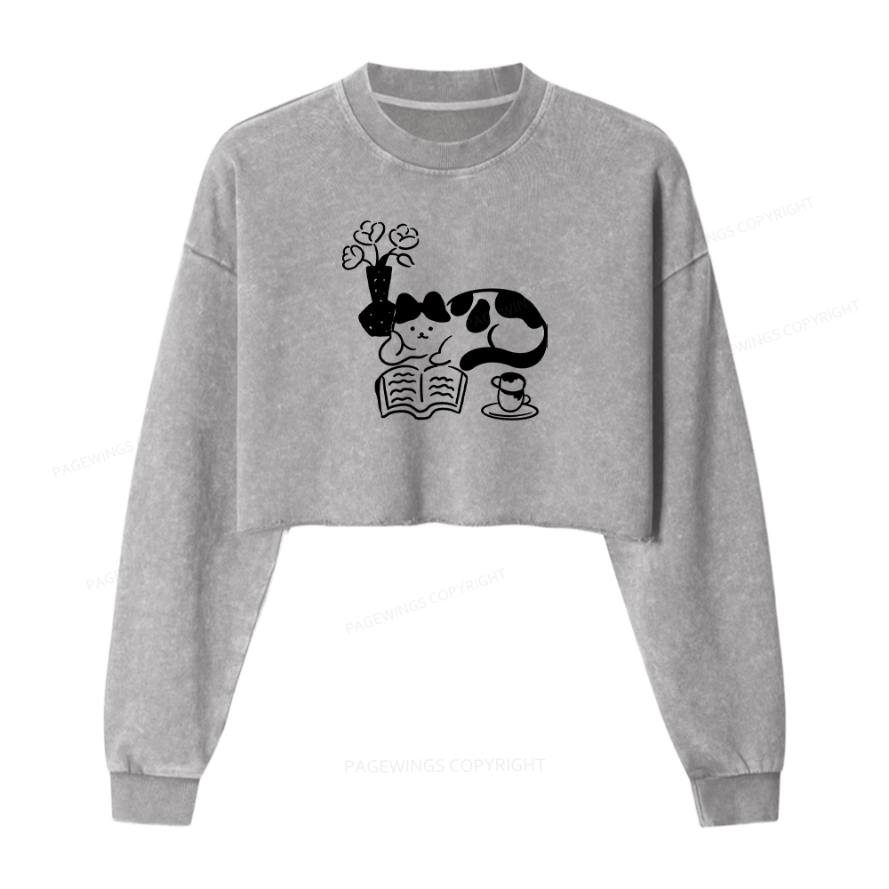 Pagewings The Cat Who Loves Reading Washed Crop Sweatshirt