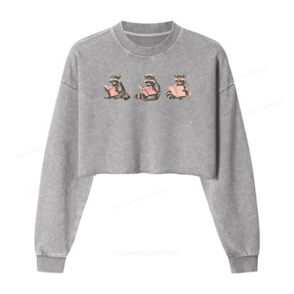 Pagewings Funny Raccoon Bookish Gift Washed Crop Sweatshirt