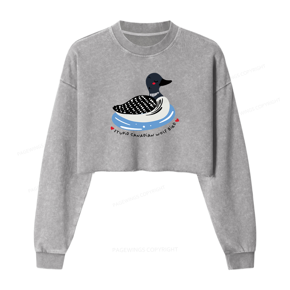 Pagewings Stupid Canadian Wolf Bird Washed Crop Sweatshirt