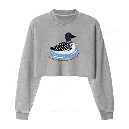 Pagewings Stupid Canadian Wolf Bird Washed Crop Sweatshirt