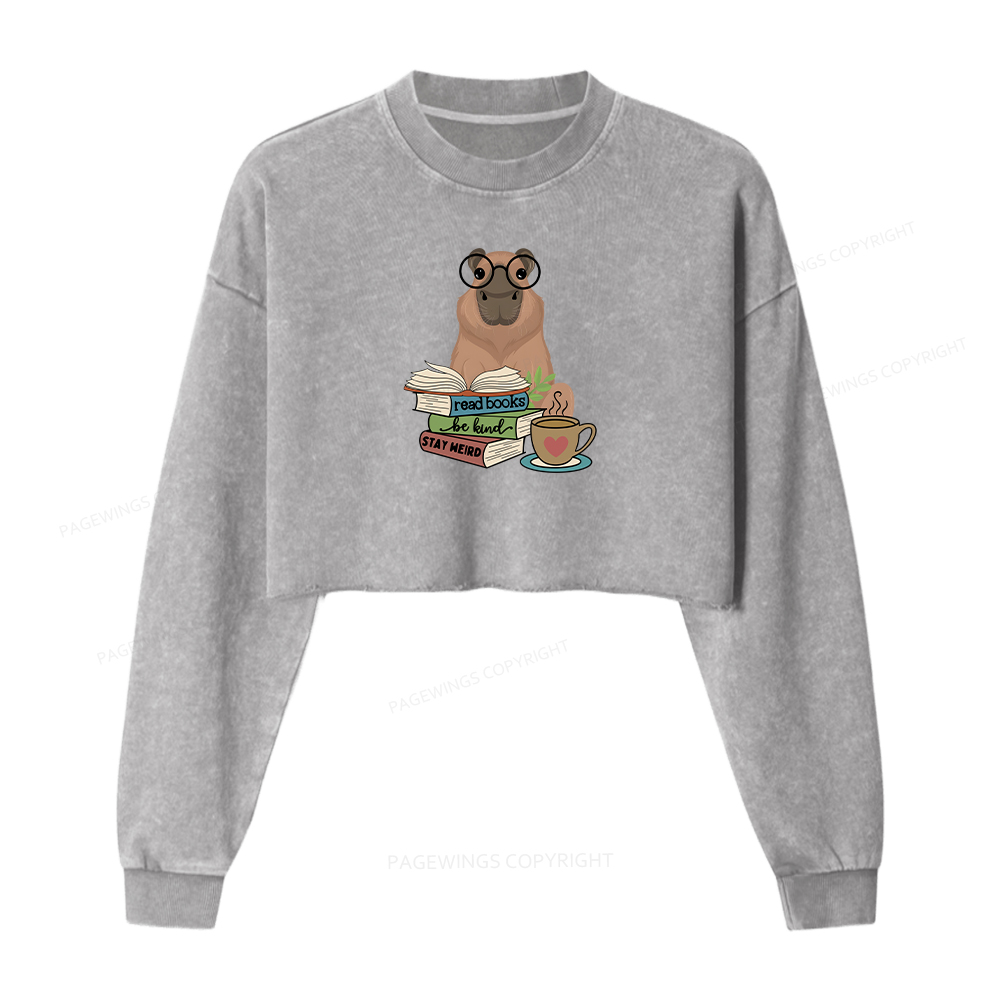 Pagewings Capybara Reading Washed Crop Sweatshirt