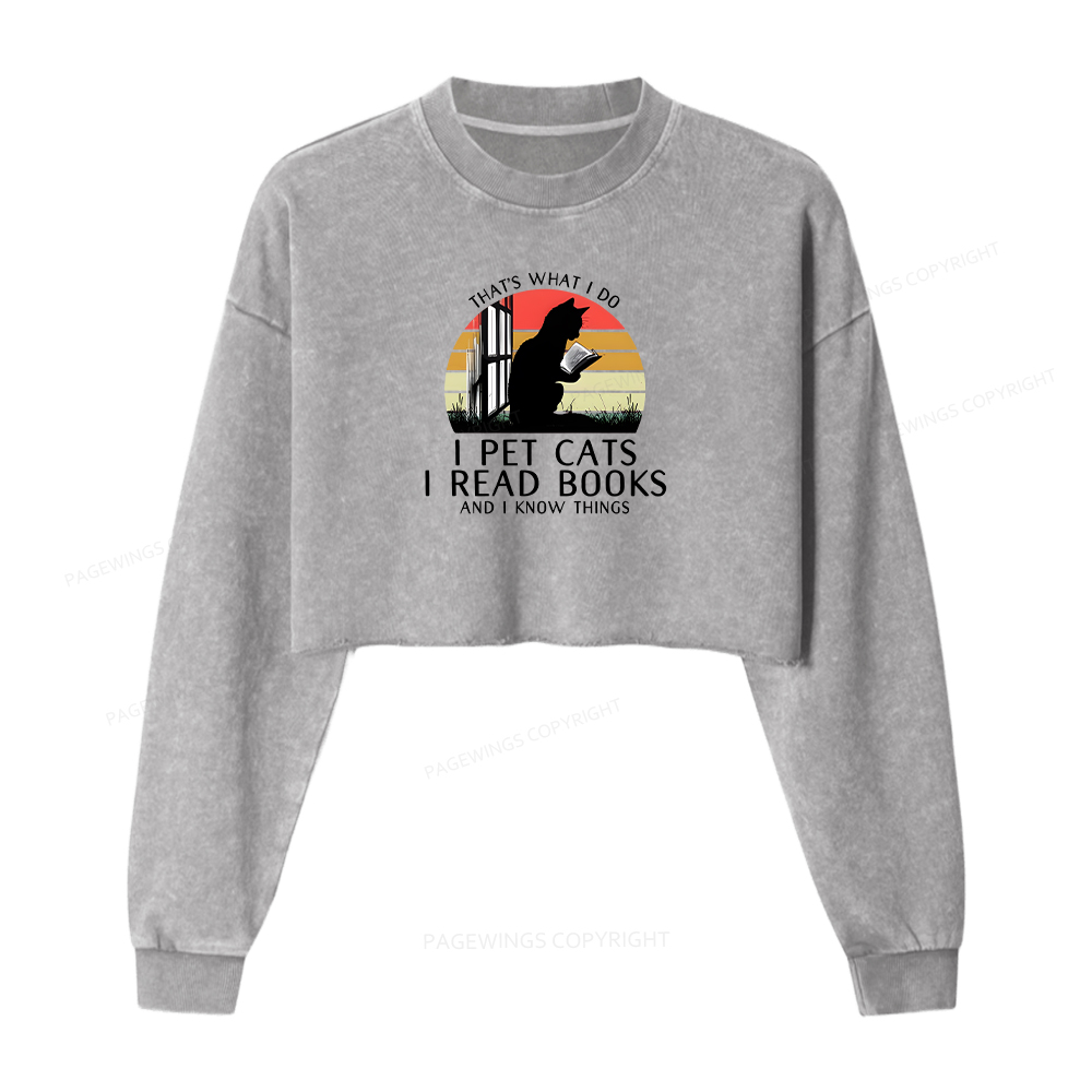Pagewings Cat And Book Washed Crop Sweatshirt