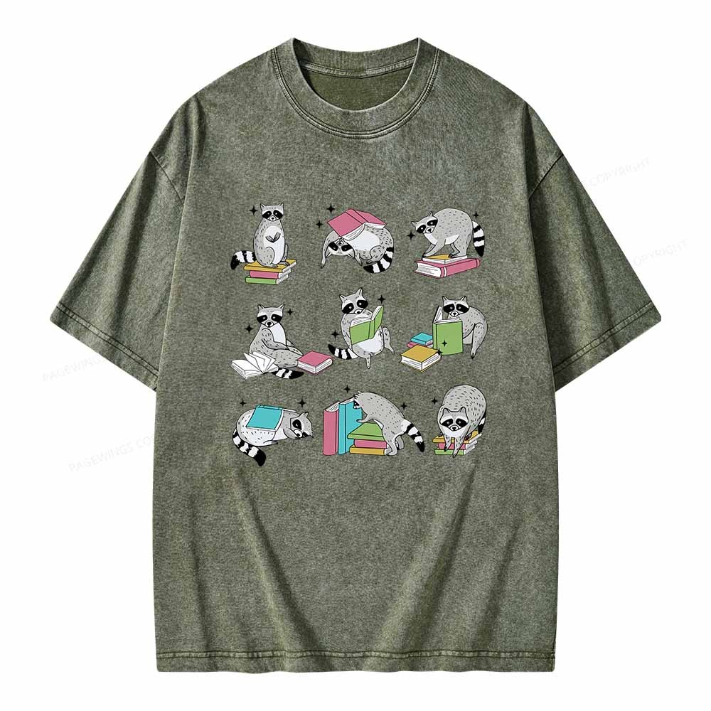 Pagewings Funny Raccoon Reading Comfort Colors Shirt Unisex Washed T-shirt