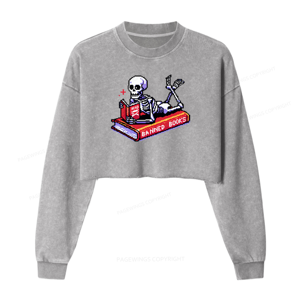 Pagewings Read Banned Books Skeleton Washed Crop Sweatshirt