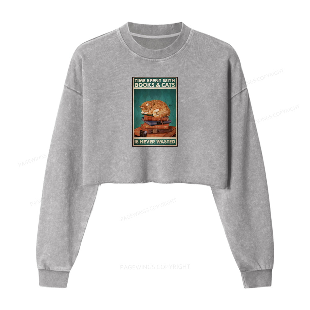 Pagewings Time Spent With Books And Cats Washed Crop Sweatshirt