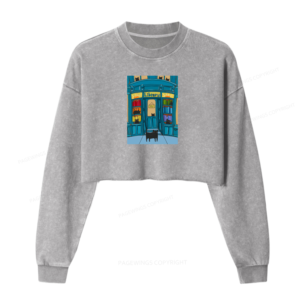 Pagewings The Library Cats Washed Crop Sweatshirt