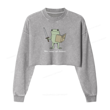 Pagewings We Read At Dawn Funny Frog Washed Crop Sweatshirt