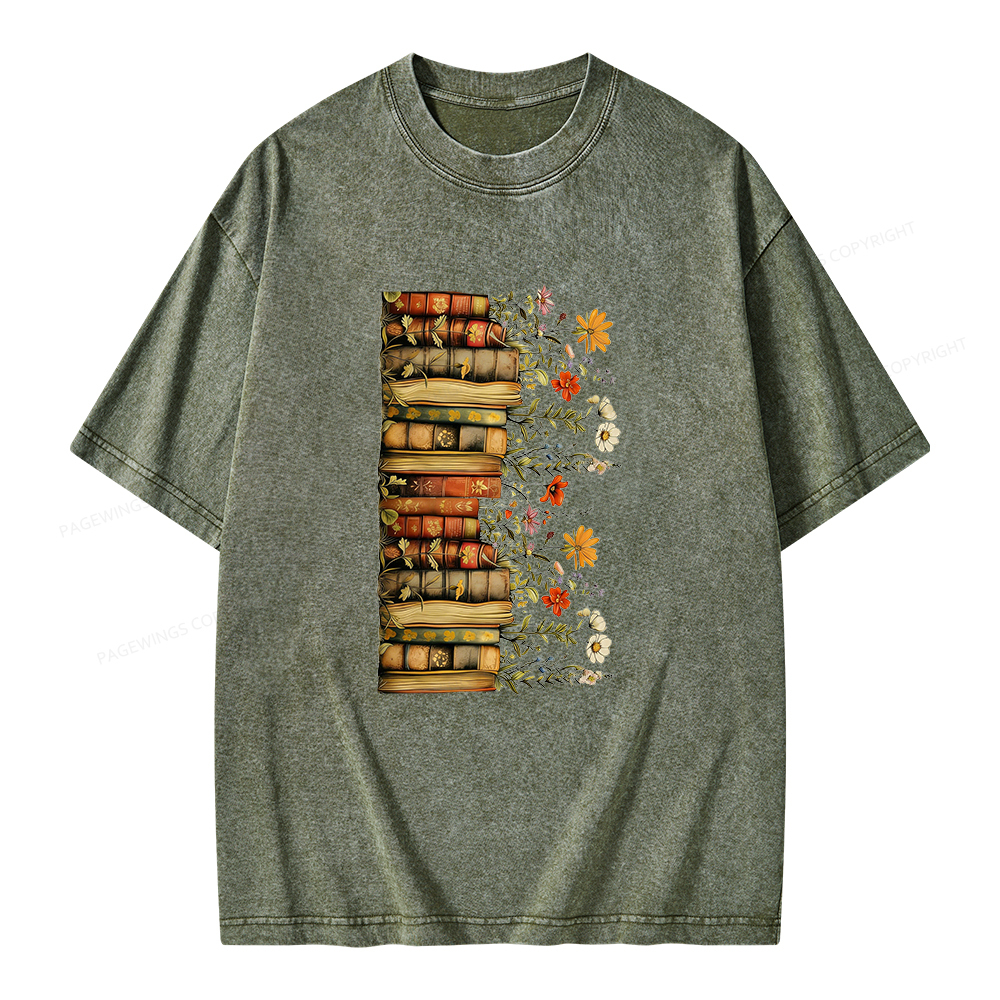 Pagewings Floral Books Unisex Washed T-shirt