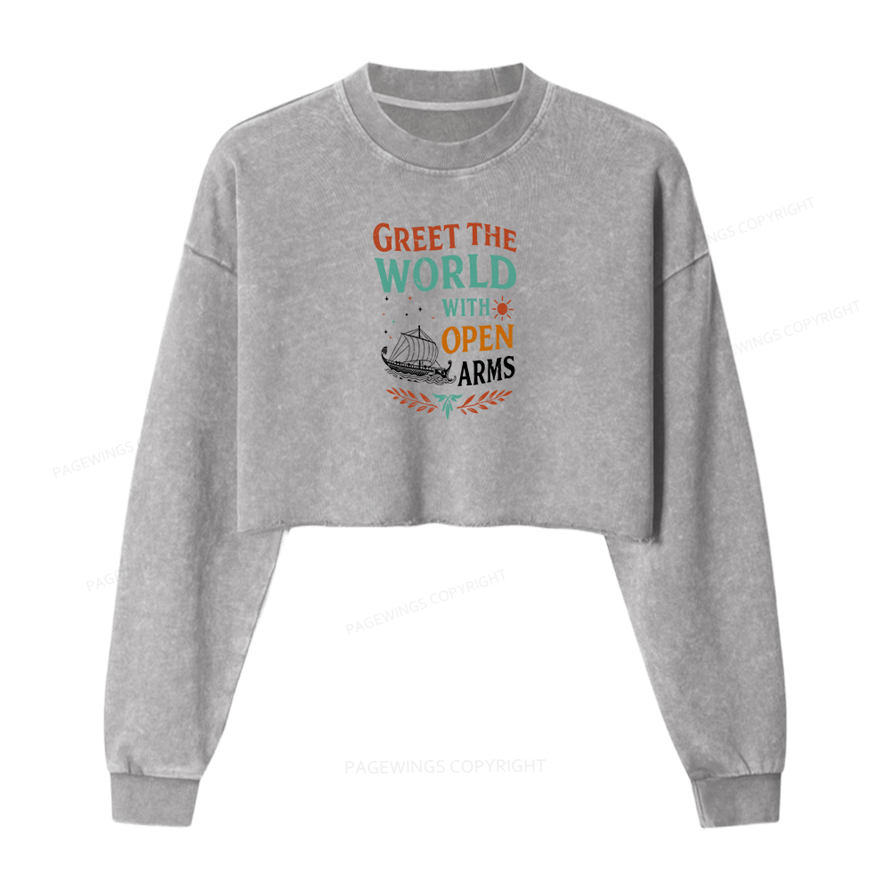 Pagewings Greet the World With Open Arms Washed Crop Sweatshirt