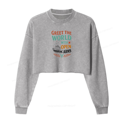 Pagewings Greet the World With Open Arms Washed Crop Sweatshirt