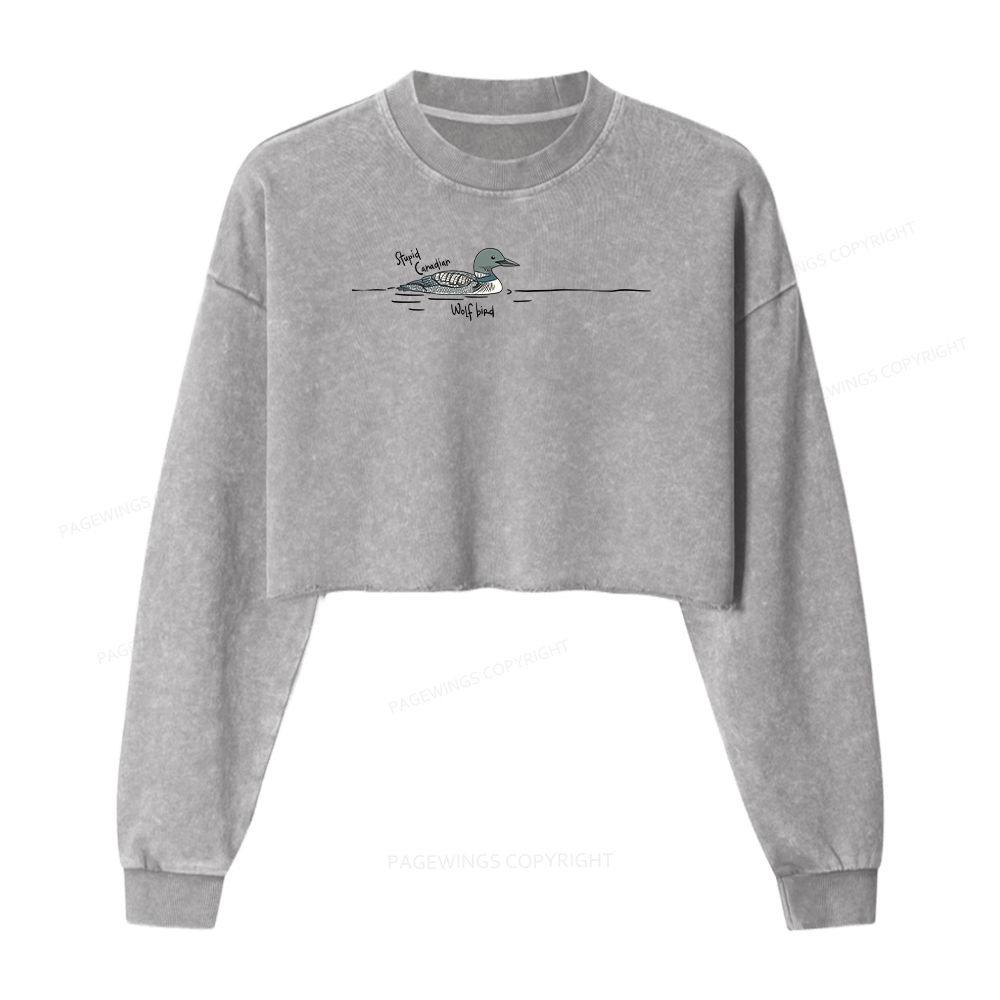 Pagewings Stupid Canadian Wolf Bird Washed Crop Sweatshirt