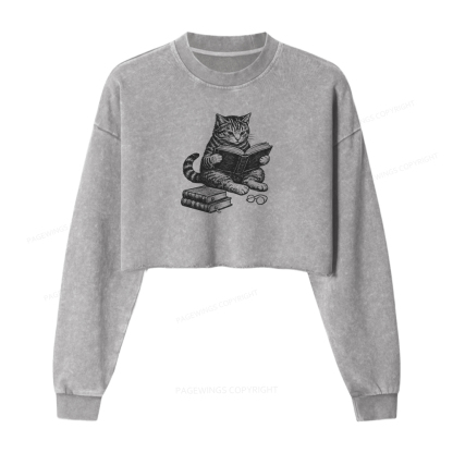 Pagewings Cat Reading Book Washed Crop Sweatshirt