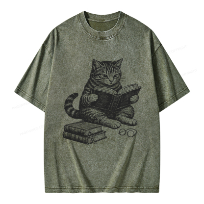 Pagewings Cat Reading Book Unisex Washed T-shirt