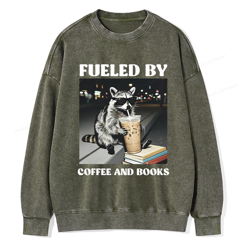 Pagewings Raccoon Reading And Drinking Iced Coffee Washed Sweatshirt