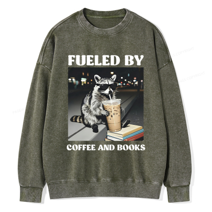 Pagewings Raccoon Reading And Drinking Iced Coffee Washed Sweatshirt