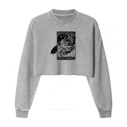 Pagewings Defend Your Local Public Library Washed Crop Sweatshirt
