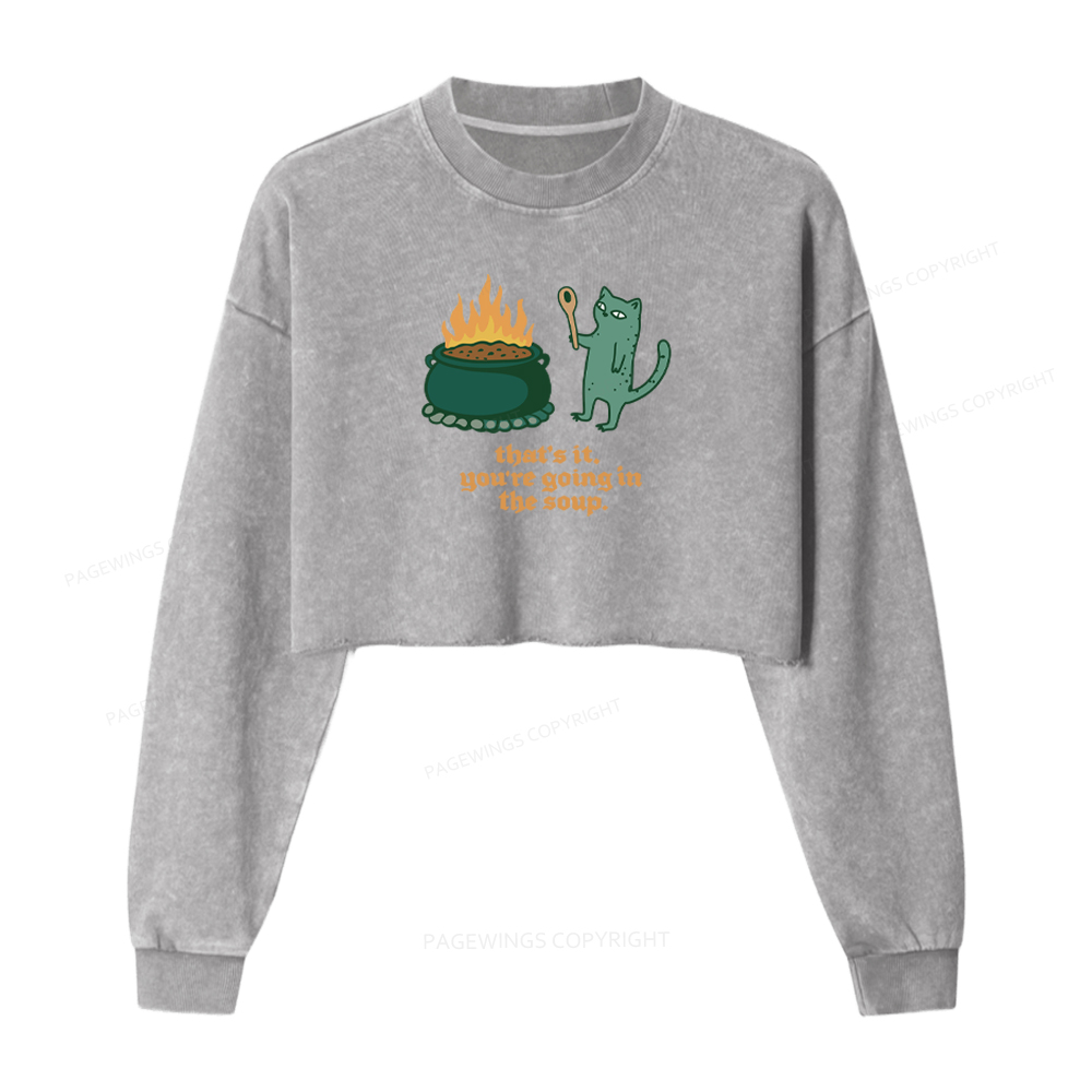 Pagewings Funny Cat Weird Washed Crop Sweatshirt