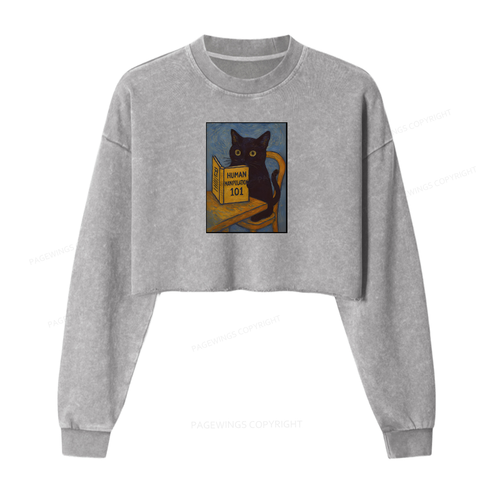 Pagewings Funny Cat Washed Crop Sweatshirt
