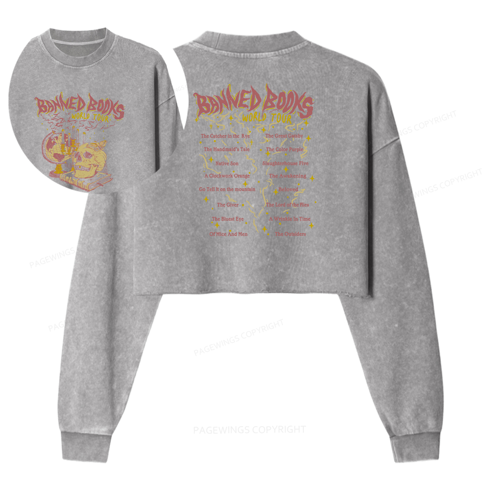 Pagewings Banned Books World Tour Women Washed Crop Sweatshirt