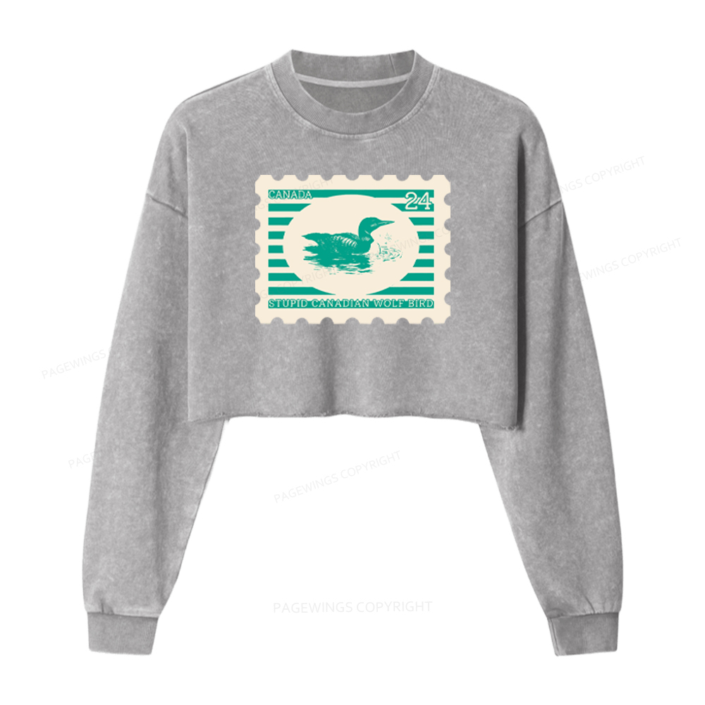 Pagewings Stupid Canadian Wolf Bird Washed Crop Sweatshirt