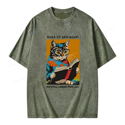 Pagewings Cat Reading Poster Unisex Washed T-shirt