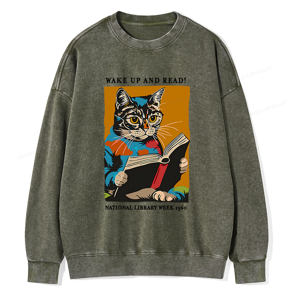 Pagewings Cat Reading Poster Unisex Washed Sweatshirt
