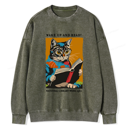 Pagewings Cat Reading Poster Unisex Washed Sweatshirt