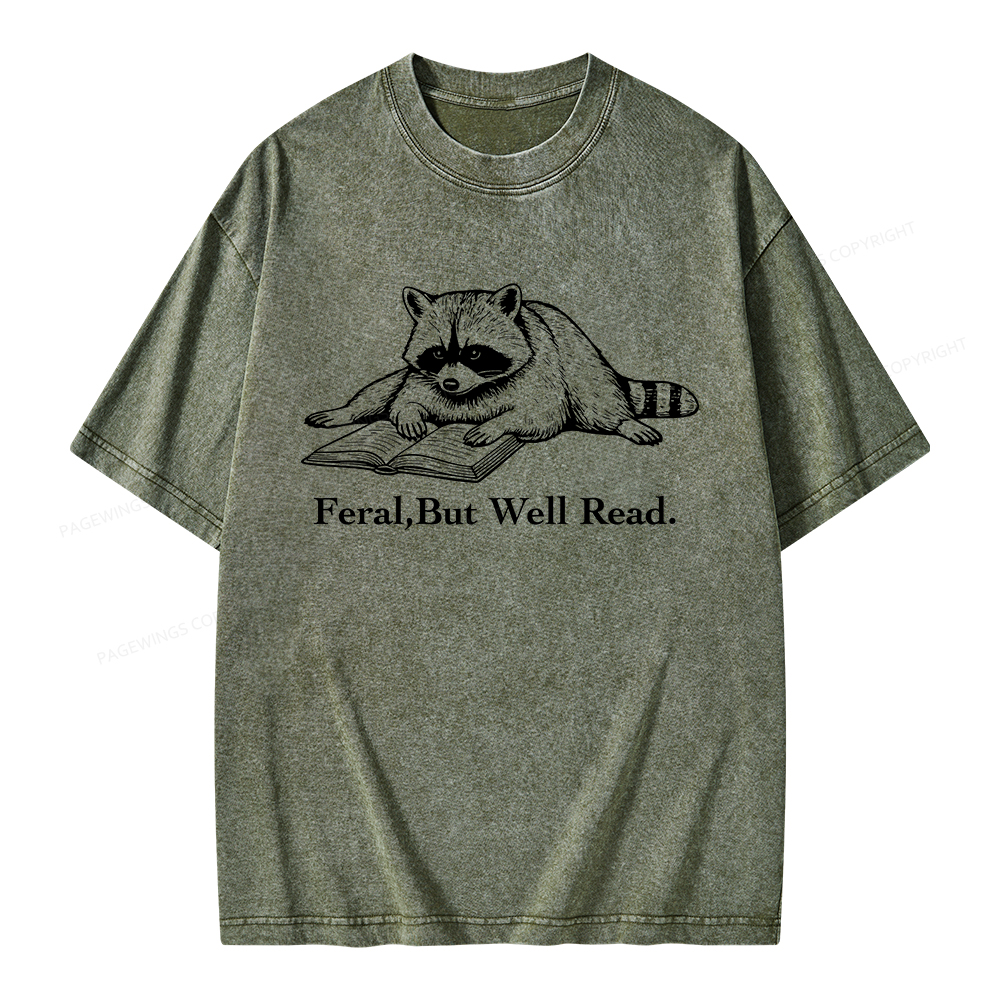 Pagewings Bookish Feral Raccoon Unisex Washed T-shirt