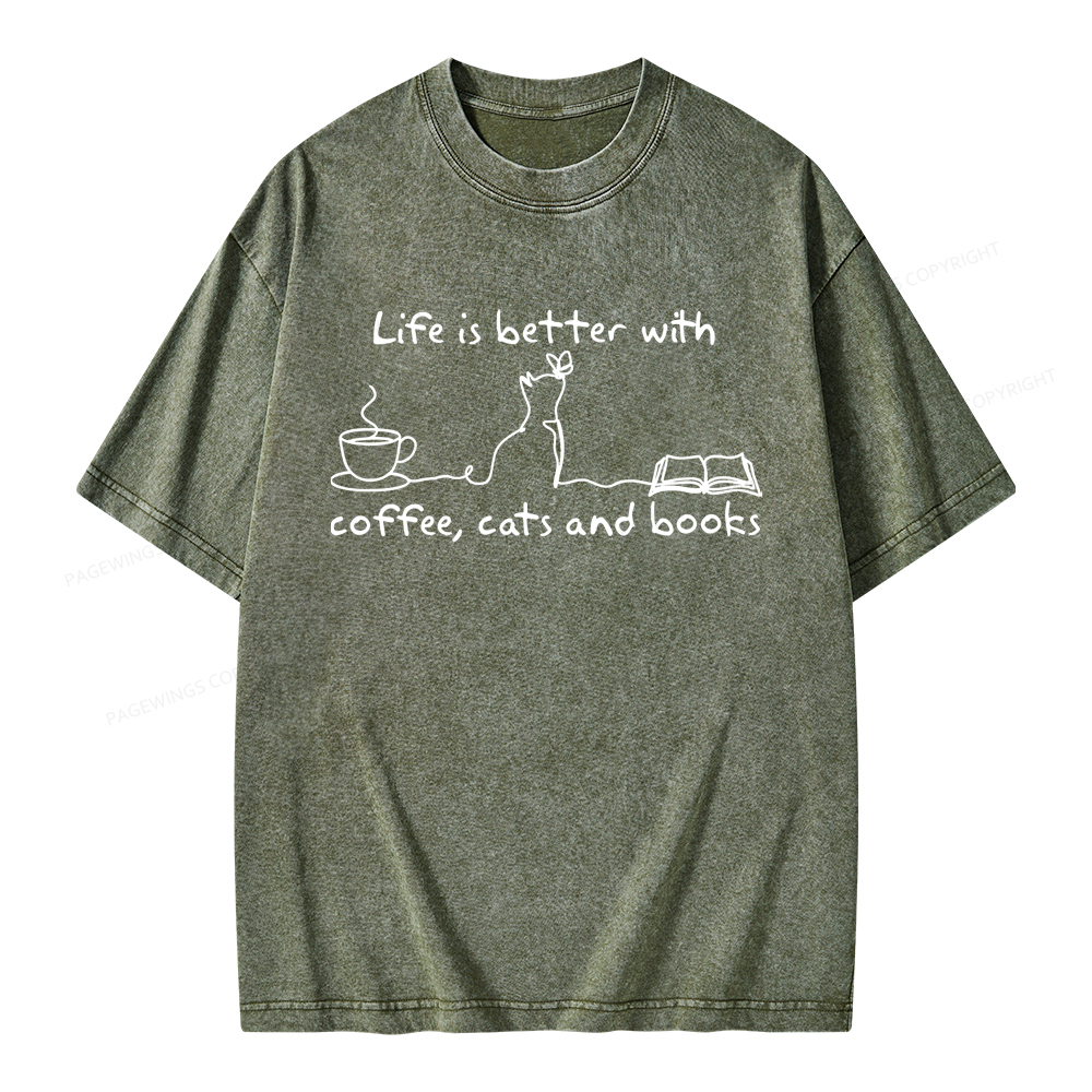 Pagewings Life Is Better With Coffee Cats And Books Unisex Washed T-shirt