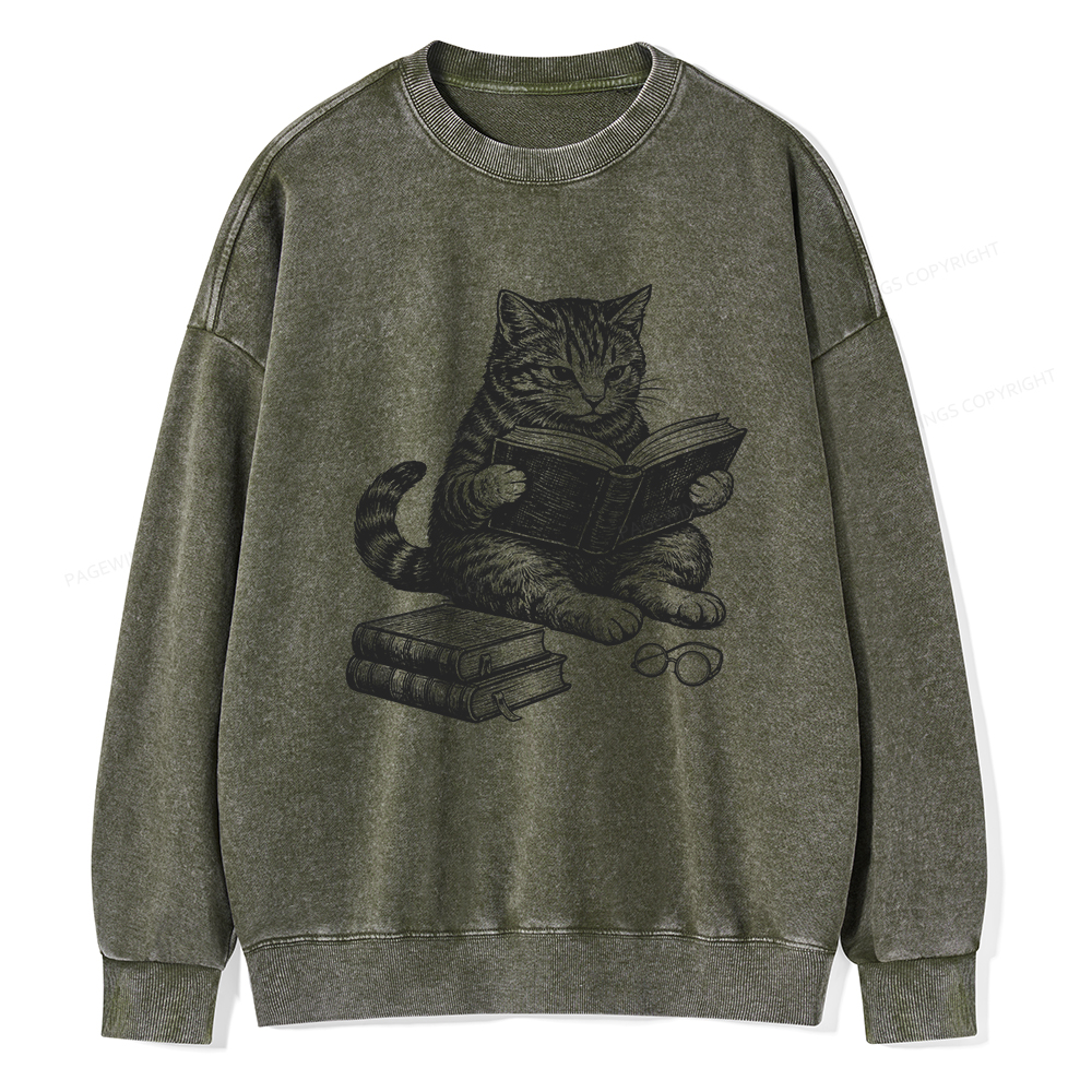 Pagewings Cat Reading Book Unisex Washed Sweatshirt