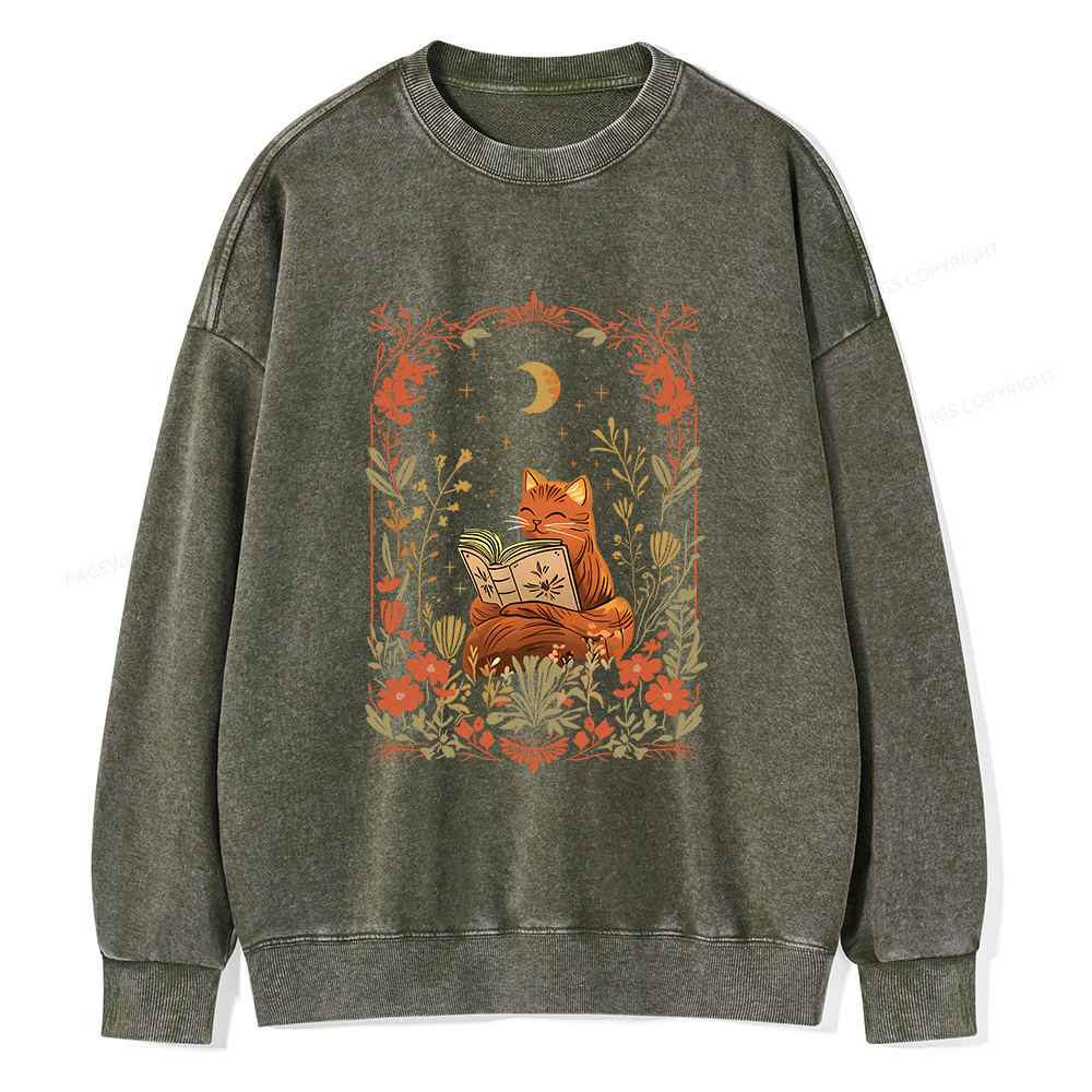 Pagewings Cat Wildflower Book Reading Unisex Washed Sweatshirt