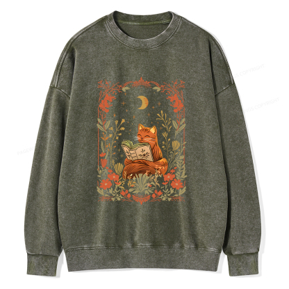 Pagewings Cat Wildflower Book Reading Unisex Washed Sweatshirt