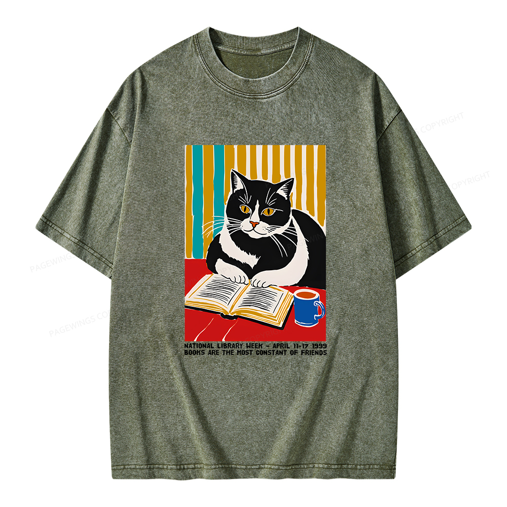 Pagewings Ational Library Week Cat Poster Unisex Washed T-shirt