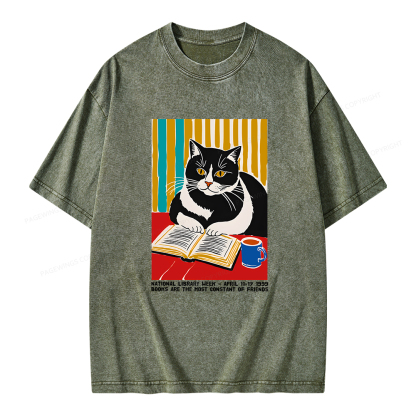 Pagewings Ational Library Week Cat Poster Unisex Washed T-shirt