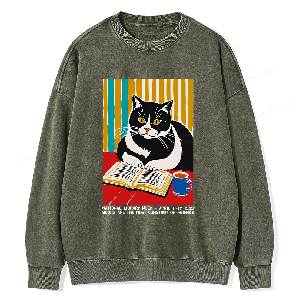 Pagewings Ational Library Week Cat Poster Unisex Washed Sweatshirt